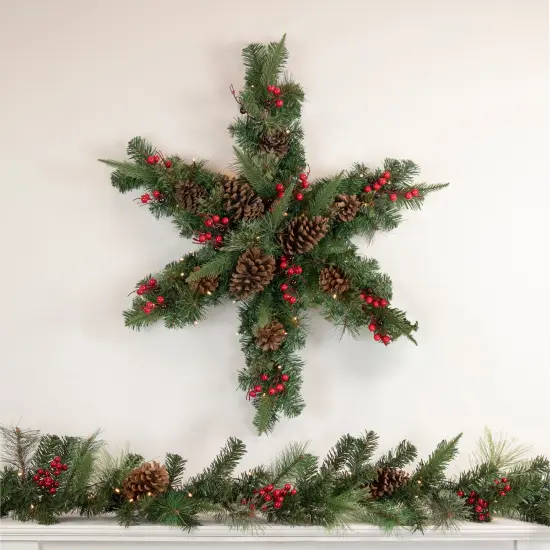 Northlight Pre-Lit Battery Operated Mixed Pine and Berries Christmas Snowflake Wreath - 32" - Warm White LED Lights Green {3}