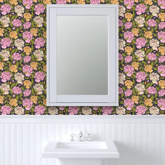 Pre-Pasted Wallpaper 2FT Wide Peony Flowers Floral Spring Garden Botanical Peonies Pink Yellow Green Cottagecore Custom Pre-pasted Wallpaper by Spoonflower {6}