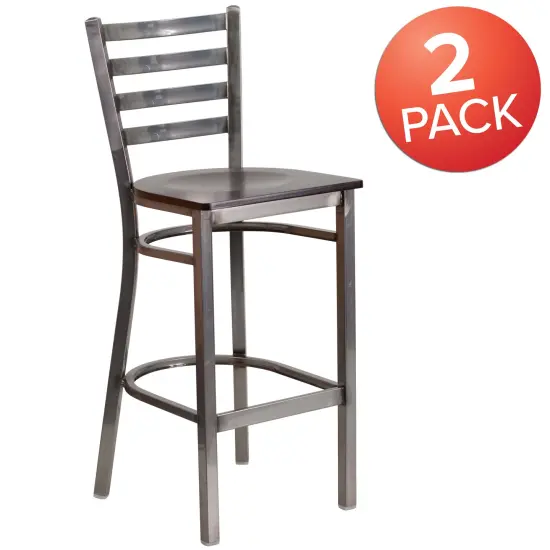 Emma and Oliver 2 Pack Clear Coated Ladder Back Metal Restaurant Barstool WalnutWood/ClearCoat {5}