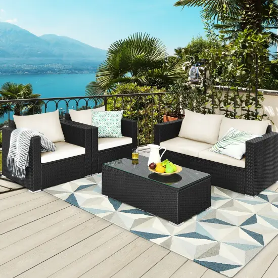 4Pcs Patio Rattan Cushioned Furniture Set White {1}