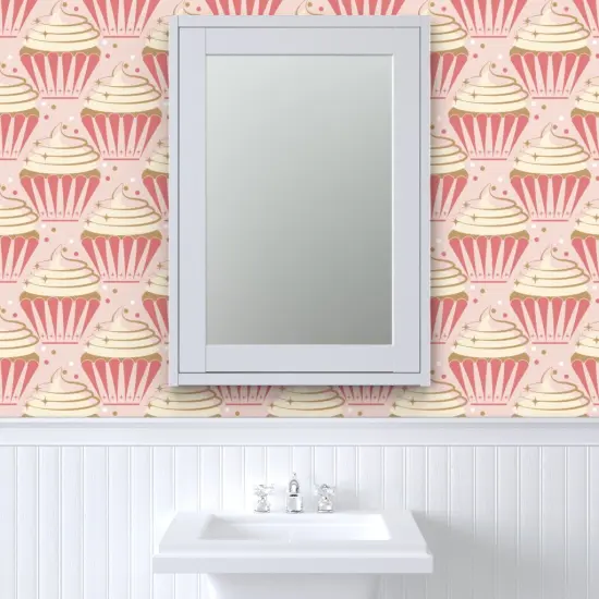 Peel & Stick Wallpaper 2FT Wide Large Scale Pink Cupcakes Atomic Birthday Party Retro Vintage Strawberry Celebration Vanilla Yellow Mid Century Stars Cosmic Cake Desserts Custom Removable Wallpaper by Spoonflower {6}