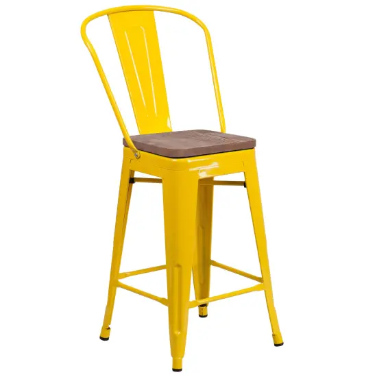 Merrick Lane Donnely Metal Dining Stool with Curved Slatted Back and Textured Wood Seat Yellow {1}