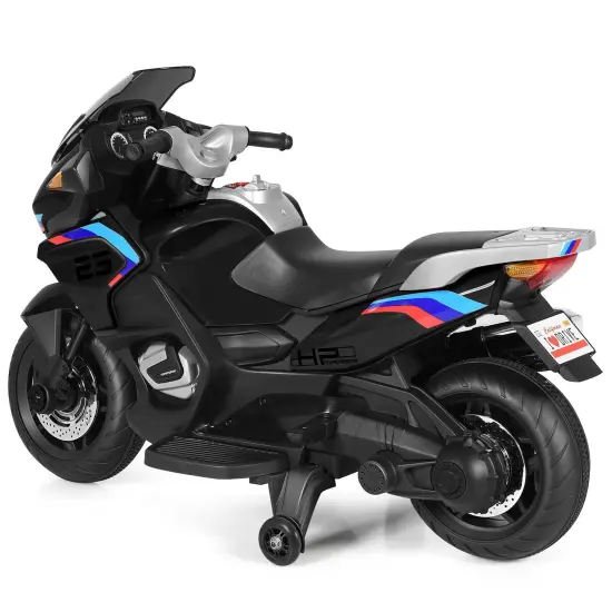 Iron Kids Ride-On Motorcycle with LED, Music and Training Wheels Black {3}