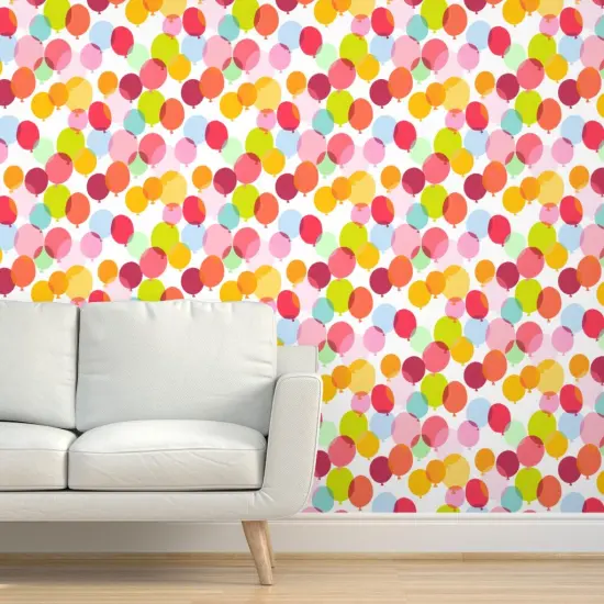 Peel & Stick Wallpaper 2FT Wide Bright Balloons Birthday Party Colorful Happy Orange Red Pink Custom Removable Wallpaper by Spoonflower {5}