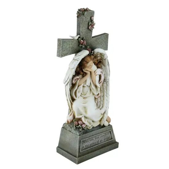 Roman 19" Joseph's Studio Angel Resting on Cross with Inspirational Phase Outdoor Garden Statue Green {3}