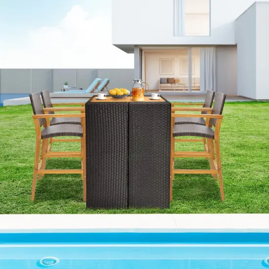 Costway 2PCS/4PCS Patio PE Wicker Bar Chairs Height Barstools with Acacia Wood Armrests Balcony {5}