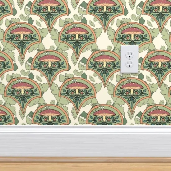 Pre-Pasted Wallpaper 2FT Wide Art Nouveau Mushrooms Botanical Nature Olive Green Toadstool Vintage Inspired Cream Custom Pre-pasted Wallpaper by Spoonflower {4}