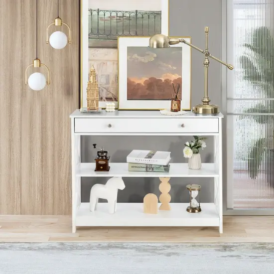 Console Table 3-Tier with Drawer and Storage Shelves White {3}