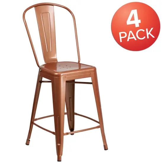 Emma and Oliver Commercial Grade 4 Pack 24" High Metal Indoor-Outdoor Counter Height Stool with Back Copper {5}