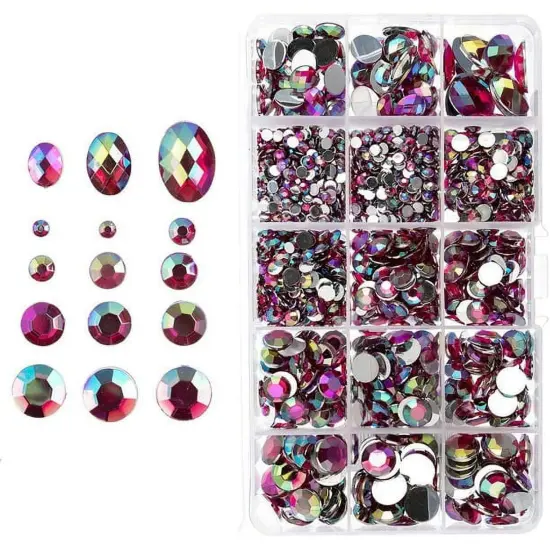 John Bead Pink AB Assorted Round & Oval Acrylic Flat Back Rhinestones Box {1}