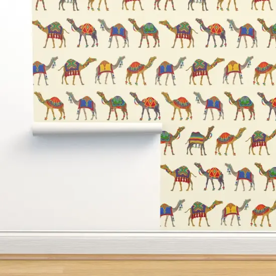 Peel & Stick Wallpaper 2FT Wide Exotic Desert Animal Camel Pom Poms Tassels Whimsical Maximalist Colorful Custom Removable Wallpaper by Spoonflower {2}