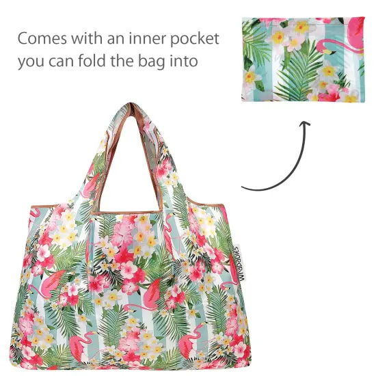 Wrapables Large & Small Foldable Tote Nylon Reusable Grocery Bags, Set of 2 Flamingos Flowers {5}