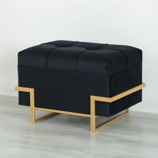 Rectangle Velvet Storage Ottoman Stool Box with Abstract Golden Legs | Decorative Sitting Bench for Living Room Home Decor with Unique Base Support Black Small {3}