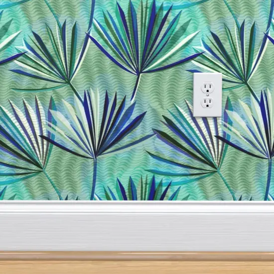 Peel & Stick Wallpaper 2FT Wide Jungle Palm Tropical Foliage Rainforest Summer Electric Blue Green Large Scale Custom Removable Wallpaper by Spoonflower {4}