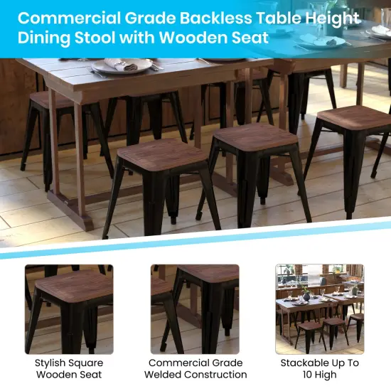 Emma and Oliver Set of Four Table Height Backless Stacking Welded Iron Stools with Wooden Seats and Under Seat Bracing for Indoor Use Teal {7}