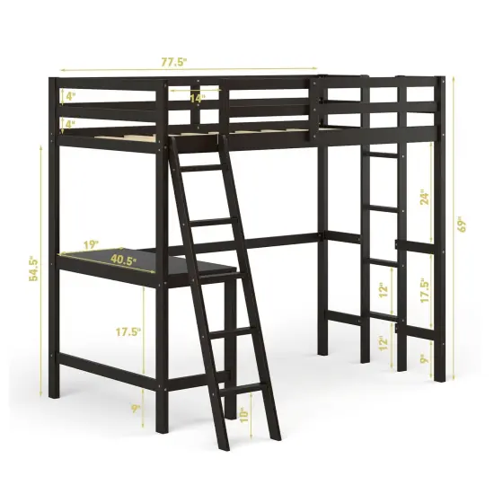 Twin Size Pine Wood Loft Bed with Desk, Guardrail, Dual Ladders Espresso {4}