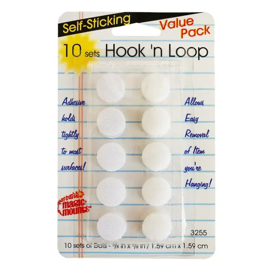 Self-Sticking Hook 'N Loop Dots 5/8", White, 10 Sets Per Pack, 12 Packs {2}