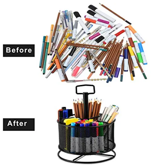 360-Degree Rotating Multi-Functional Pen Holder, 4 Compartments Desktop Stationary Organizer, Home Office Art Supply Storage Box Caddy (Black) {5}