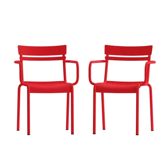Emma and Oliver Rennes Powder Coated Steel Stacking Dining Chair with Arms and 2 Slat Back for Indoor-Outdoor Use Red {1}