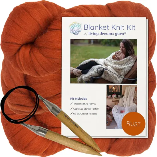 DIY Merino Wool Blanket Knitting Kit: Soft and Thick #7 Weight Jumbo Yarn, Knitting Needles and Pattern. Soft, Cozy, Great for Gifts Rust {1}
