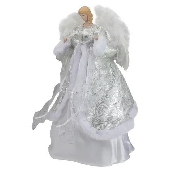 Northlight 18" Blonde Angel in White and Sliver Dress with Faux Fur Trim Christmas Tree Topper {5}