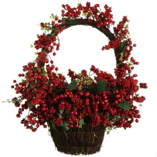 Raz 22" Country Rustic Red Rosehip Berries and Vines Decorative Christmas Wall Basket {1}