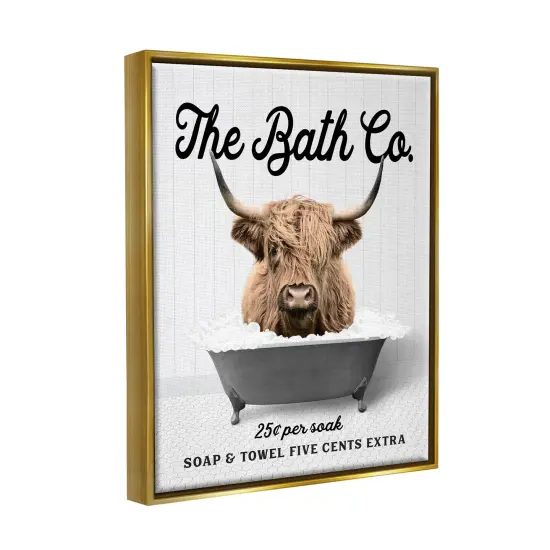Stupell Industries Bubble Bath Highland Cow Framed Floater Canvas Wall Art Gold Floater Frame {3}