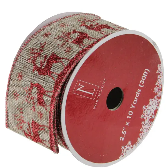 Northlight Pack of 12 Red and Brown Burlap Reindeer Wired Christmas Craft Ribbon Spools - 2.5" x 120 Yards {1}