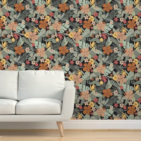 Peel & Stick Wallpaper 2FT Wide Tropical Floral Exotic Jumbo Scale Flowers Hibiscus Leaves Botanical Custom Removable Wallpaper by Spoonflower {5}