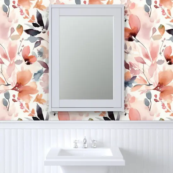 Pre-Pasted Wallpaper 2FT Wide Pastel Flowers Watercolor Botanical Scattered Leaves Custom Pre-pasted Wallpaper by Spoonflower {6}