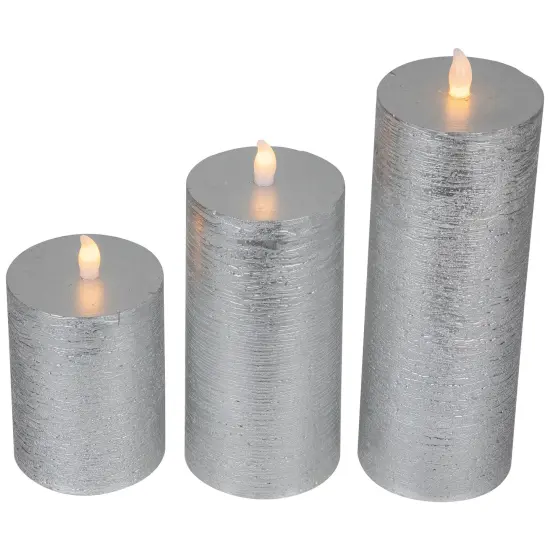 Northlight Flameless Flickering LED Wax Pillar Candles - 8" - Brushed Silver - Set of 3 {6}