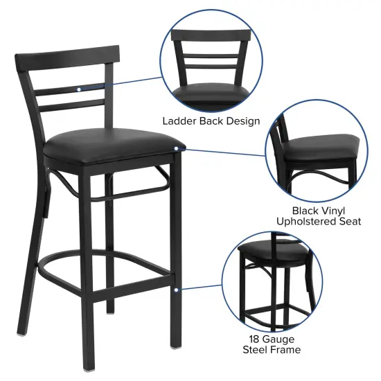 Emma and Oliver Two-Slat Ladder Back Metal Restaurant Dining Barstool BlackVYL/BlackMetal {2}