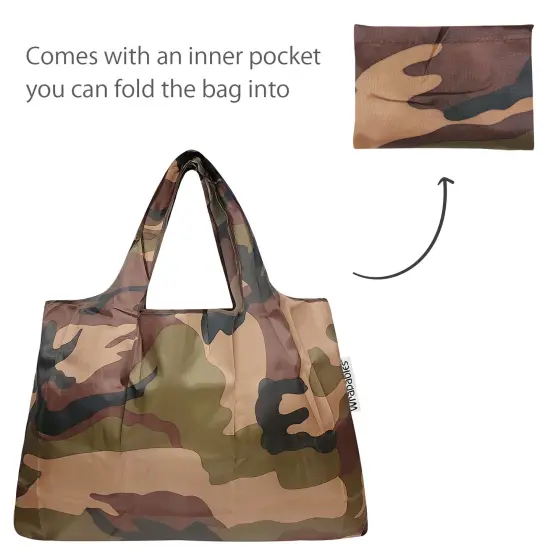 Wrapables Large & Small Foldable Tote Nylon Reusable Grocery Bags, Set of 2 Camo {5}