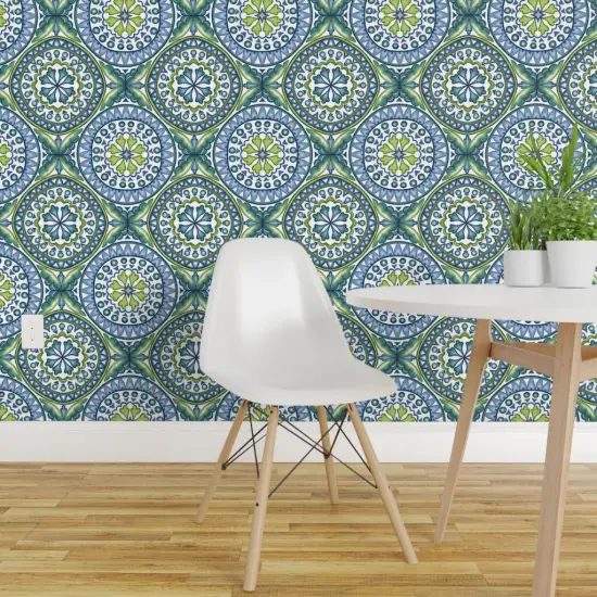 Pre-Pasted Wallpaper 2FT Wide Green Blue Ocean Italian Italy Tile Sicily Sicilian Rosette Mandalas Modern Mosaic Geometric Coastal Large Scale Custom Pre-pasted Wallpaper by Spoonflower {1}