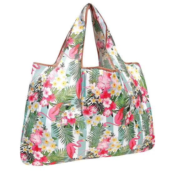 Wrapables Large Foldable Tote Nylon Reusable Grocery Bag Flamingos Flower {1}