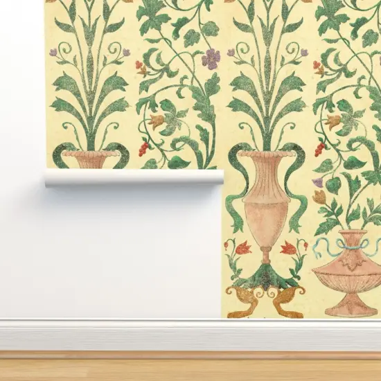 Pre-Pasted Wallpaper 2FT Wide Yellow Floral Wallpaper Home Decor Large Scale Italian Renaissance Terra Cotta Italy Villa Frescoes Vase Custom Pre-pasted Wallpaper by Spoonflower {2}