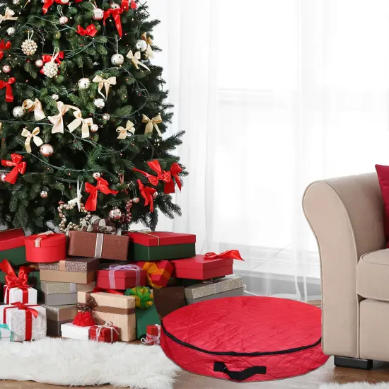 Simple Living 36&rdquo; Red Premium Quilted Christmas Wreath Storage Bag {3}