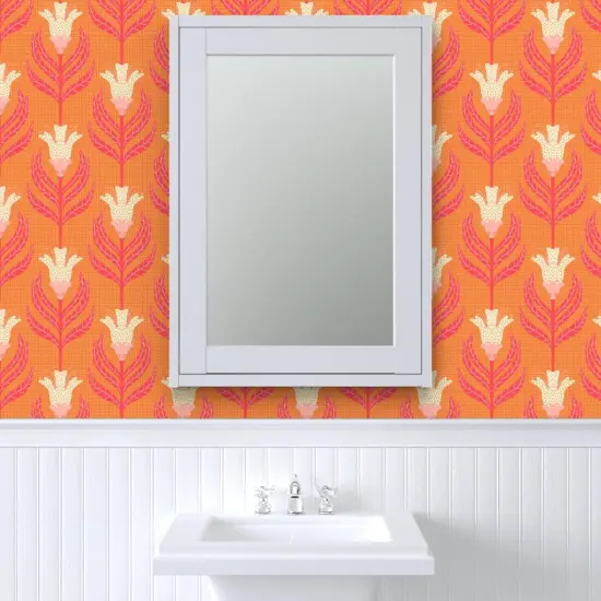Pre-Pasted Wallpaper 2FT Wide Floral Damask Bright Vintage Cream Retro Orange Funky Simple Custom Pre-pasted Wallpaper by Spoonflower {6}