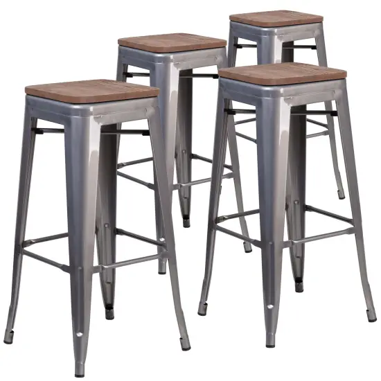 Merrick Lane Set of 4 Hamburg 30 Inch Tall Clear Coated Metal Bar Counter Stool With Textured Elm Wood Seat Clear Coated Gray {1}