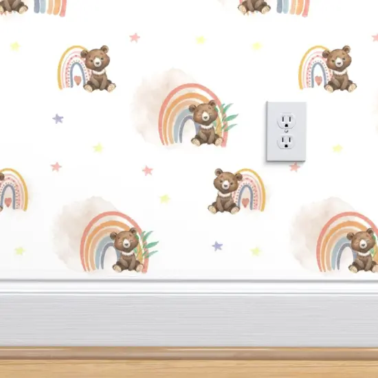 Peel & Stick Wallpaper 2FT Wide Woodland Nursery Cute Bears Watercolor Rainbow Kids Forest Animals Baby Stars Custom Removable Wallpaper by Spoonflower {4}