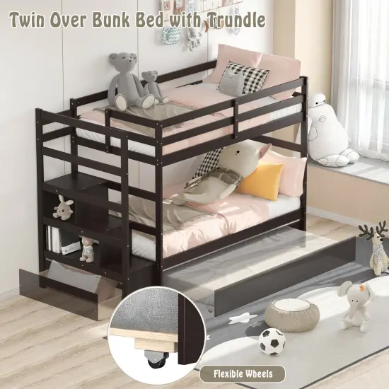 Twin Over Twin Bunk Bed with 3-Step Staircase and Storage Shelf Dark Brown {1}