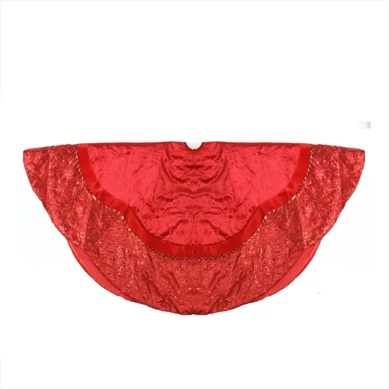 Northlight 60" Red Velvet Damask Sequin Embroidered Poinsettia Trimmed Scalloped Edge Christmas Tree Skirt {3}