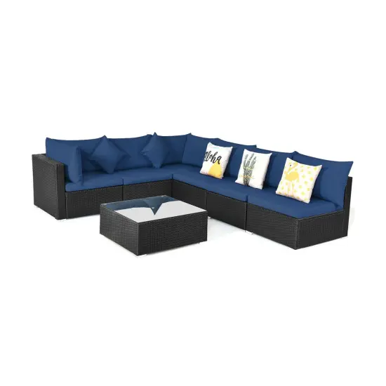 7 Pieces Sectional Wicker Furniture Sofa Set With Tempered Glass Top Navy {3}