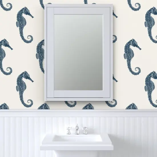 Pre-Pasted Wallpaper 2FT Wide Coastal Seahorse Beach Sealife Sea Ocean Nautical Blue Cream Maritime Xl Scale Custom Pre-pasted Wallpaper by Spoonflower {6}