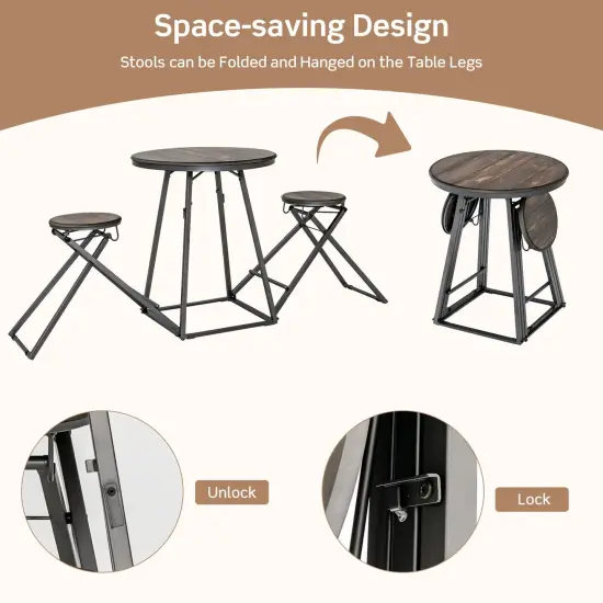 3 Pieces Dining Table Set with 2 Foldable Stools for Small Space-Gray {5}