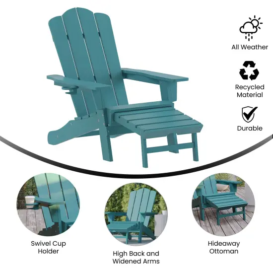 Merrick Lane Nassau Adirondack Chair with Cup Holder and Pull Out Ottoman, All-Weather HDPE Indoor/Outdoor Lounge Chair Blue {2}