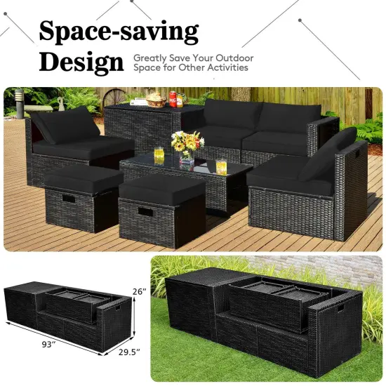 8 Pieces Patio Rattan Storage Table Furniture Set Black {3}