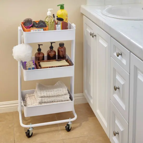 3-Tier Metal Rolling Utility Cart, Mobile Storage Organizer White {5}