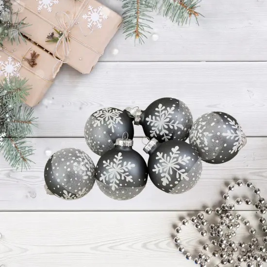 Northlight Snowflake Glass Christmas Ball Ornaments - 4" (101mm) - Gray and White - 6ct {3}