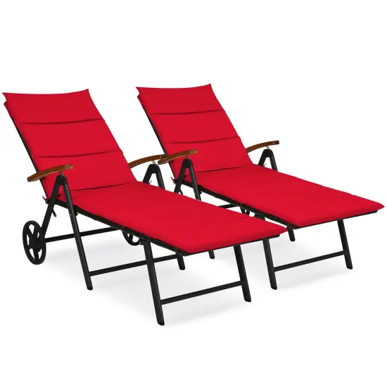 Costway 2 PCS Folding Patio Rattan Lounge Chair Cushioned Aluminum w/ Wheel {2}
